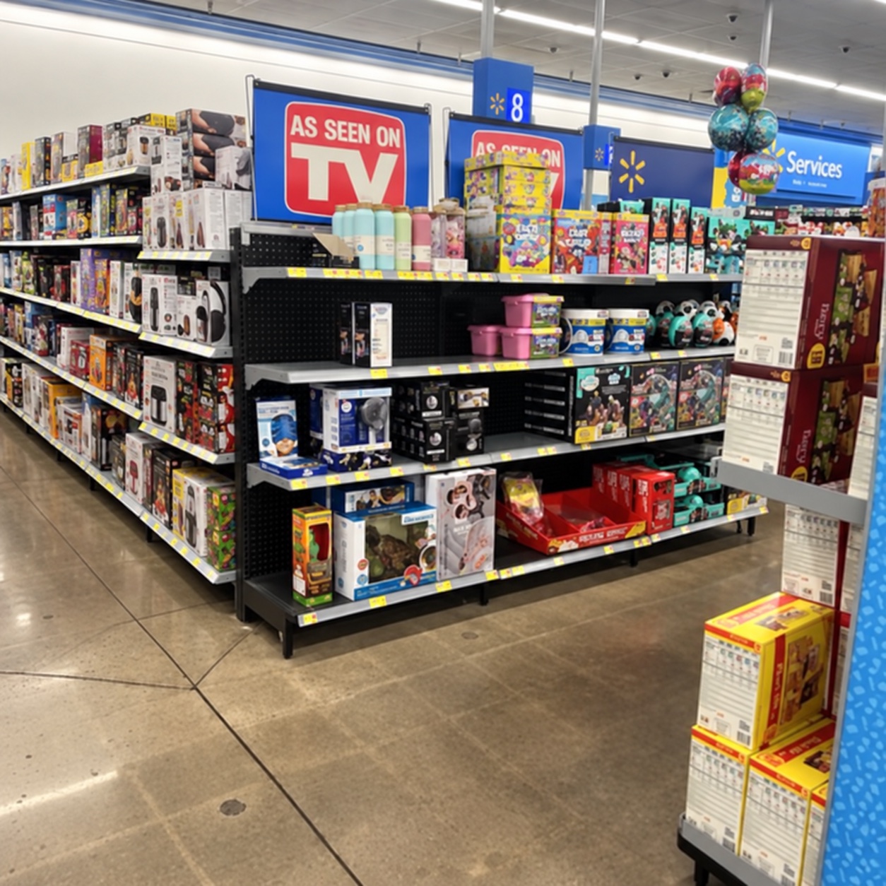 Retouched photograph of a Walmart As Seen on TV department with merchandise beneath the red-and-white As Seen on TV logo; column removed and merchandise reconstructed