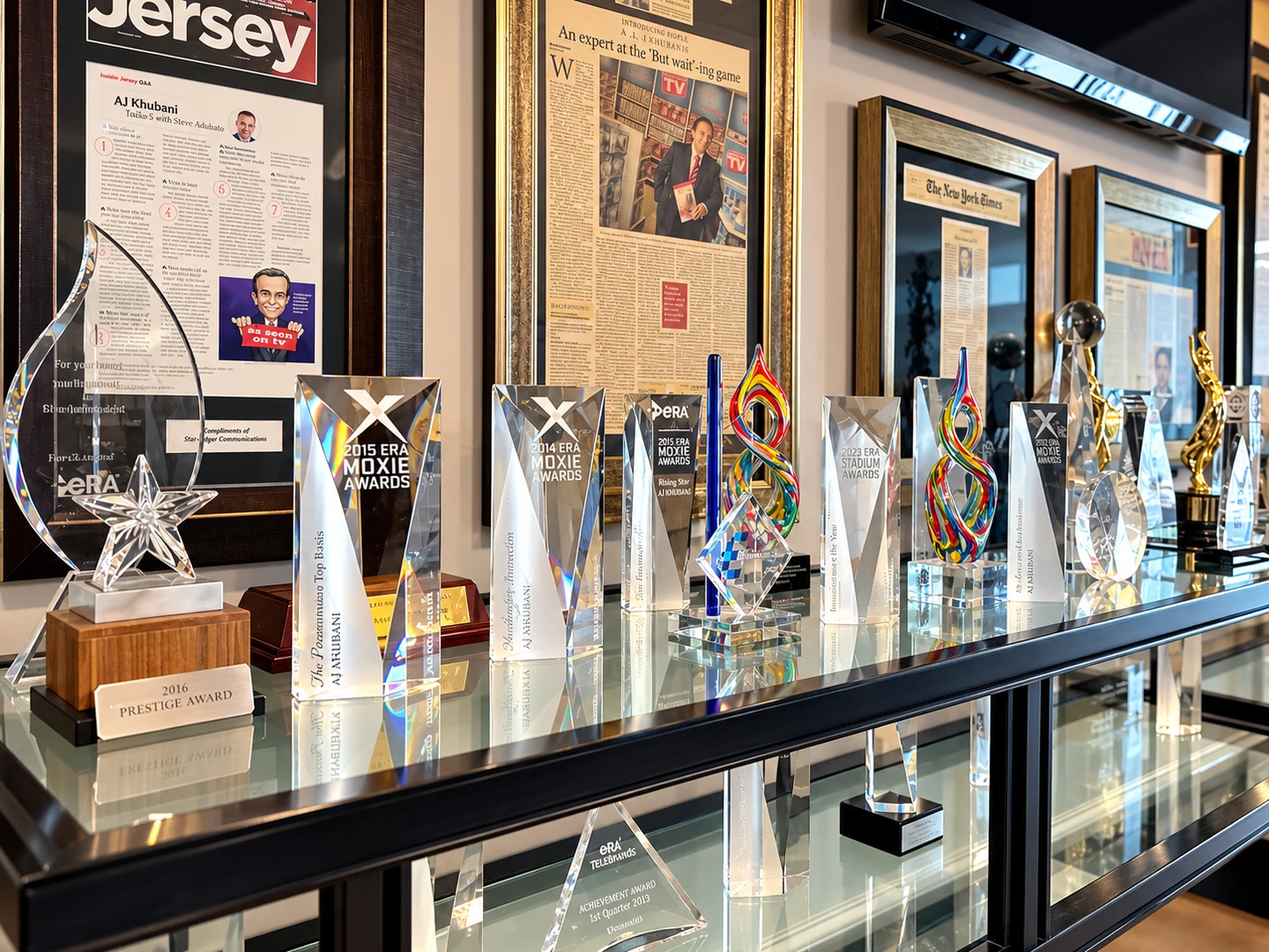 Telebrands’ collection of crystal trophies, industry awards and framed press coverage