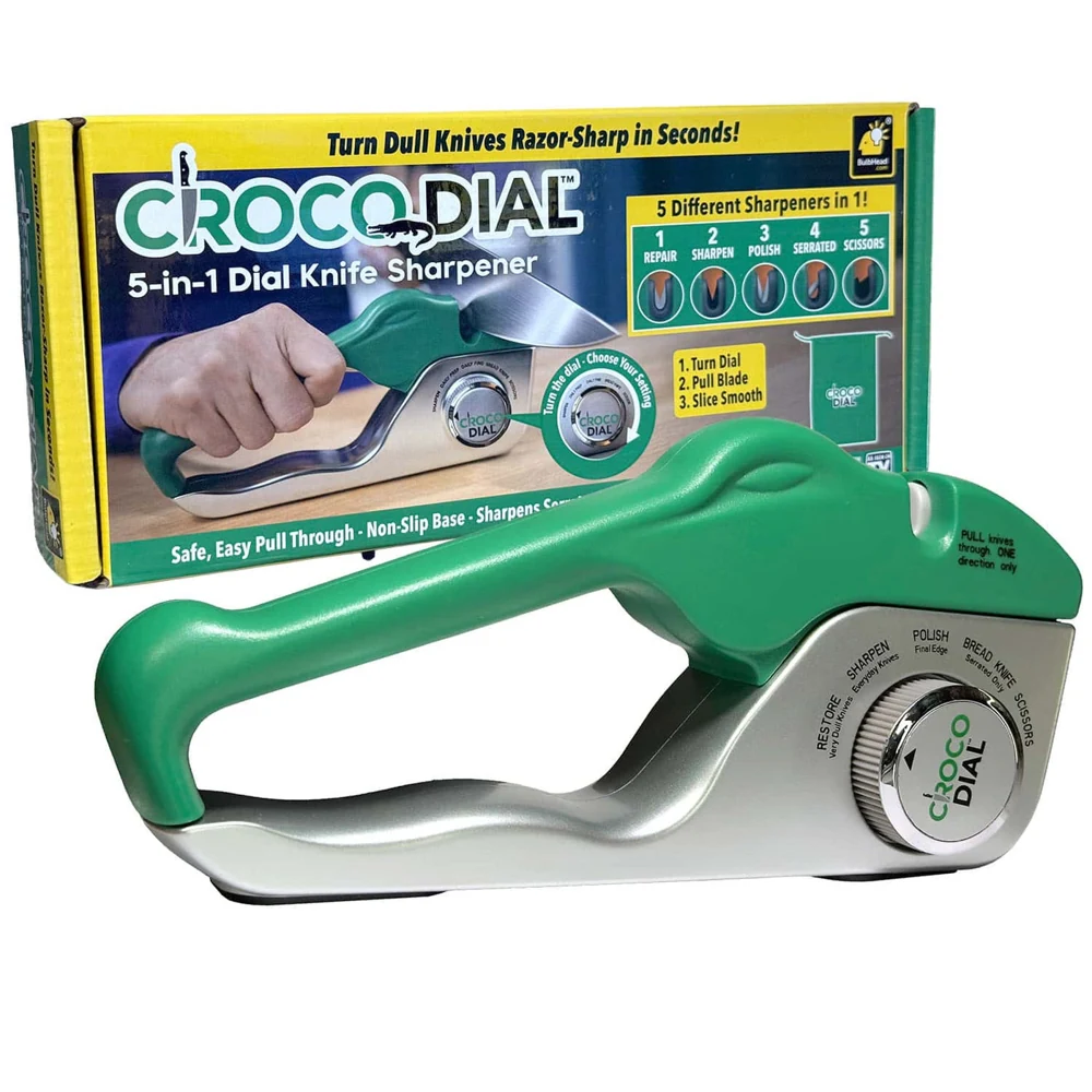 Green and silver CrocoDial 5-in-1 dial knife sharpener with its retail packaging
