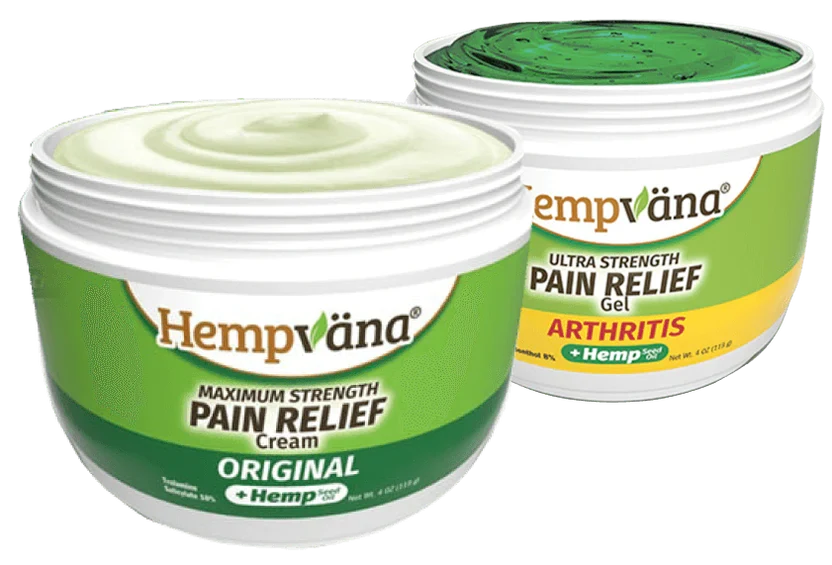 Hempvana Original Pain Relief Cream and Arthritis Pain Relief Gel in their green and white jars