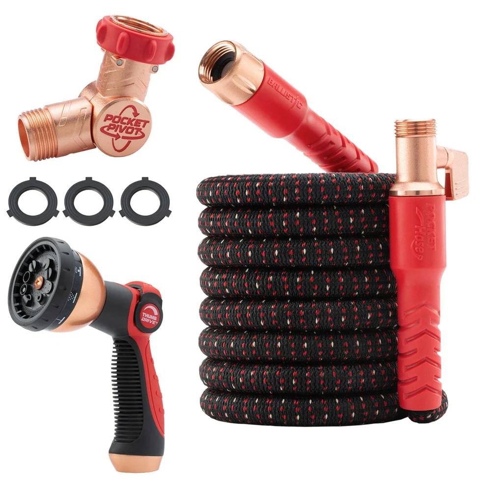 Pocket Hose Ballistic expandable garden hose with its copper-colored connectors and watering nozzle