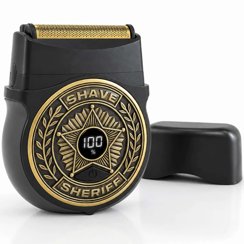 Black and gold Shave Sheriff compact electric shaver with its protective cap