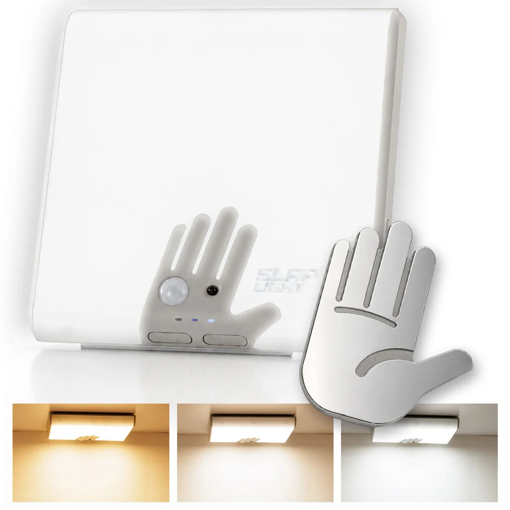 Slap Light rechargeable ceiling light and magnetic mounting plate with warm, neutral and cool lighting examples