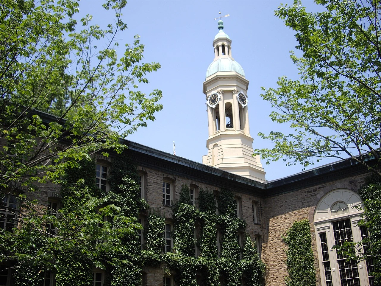Nassau Hall’s clock tower and ivy-covered facade at Princeton University